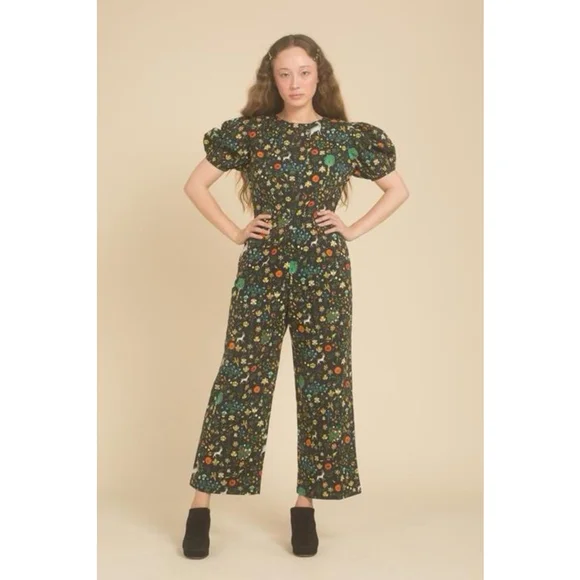 Samantha Pleet Garden Jumpsuit Puff Sleeve 2 Black Illuminated Ethereal Floral - Picture 6 of 14